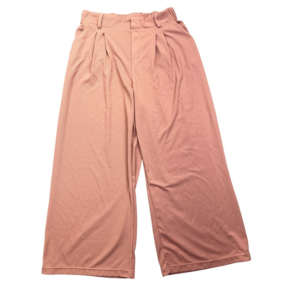 Halará Wide Leg Crop Pants Elastic Waist Pleated Front Casual Pink L Fits 29"